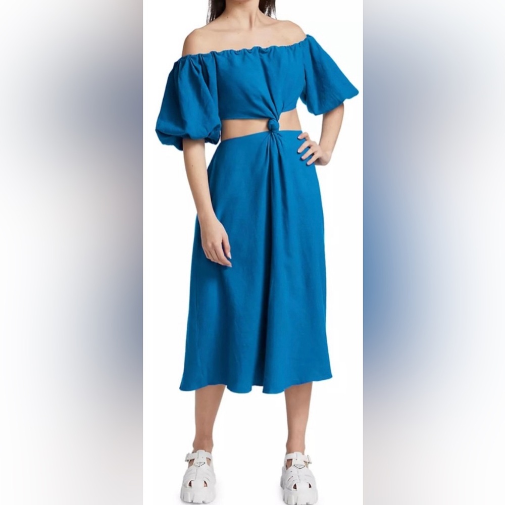 FARM Rio Knotted Cut-Out Linen-Blend Midi-Dress, sz S